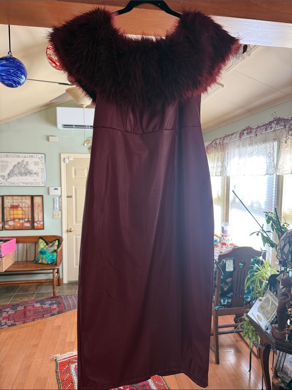 Elegant Burgundy Maxi Dress with Faux Fur Trim